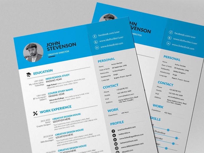 Free Blue Theme Resume Template with Creative Design