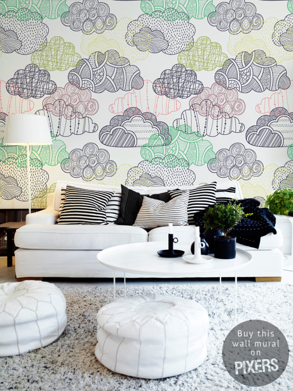 Clouds #interior design #architecture #white #clouds #living room #wall mural #home decor