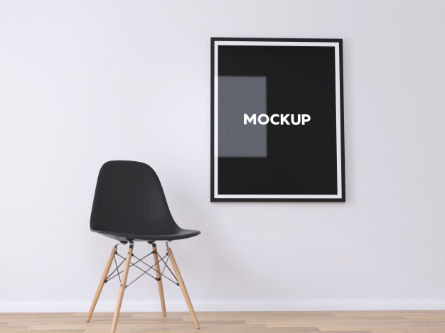 Frame on white wall and chair mock up design Free Psd. See more inspiration related to Frame, Mockup, Design, Template, Frames, Web, Website, Wall, White, Mock up, Chair, Templates, Website template, Mockups, Up, Web template, Realistic, Real, Web templates, Mock ups, Mock and Ups on Freepik.