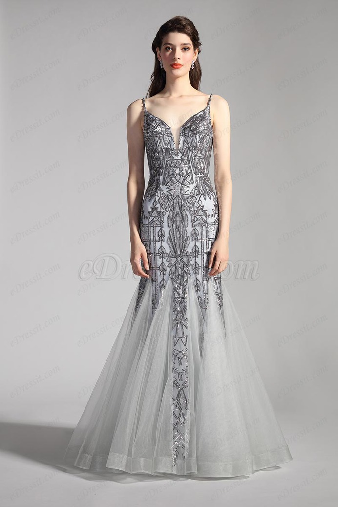 eDressit Sexy Grey V-Cut Spaghetti Beaded Mermaid Party Evening Dress (02205608)