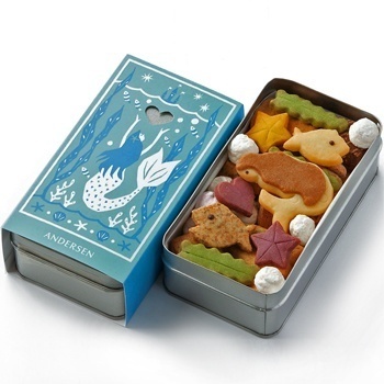 Hans Christian Anderson's The Little Mermaid, as cookies in a tin #illustration #sea #sweets #package #mermaid #cookies
