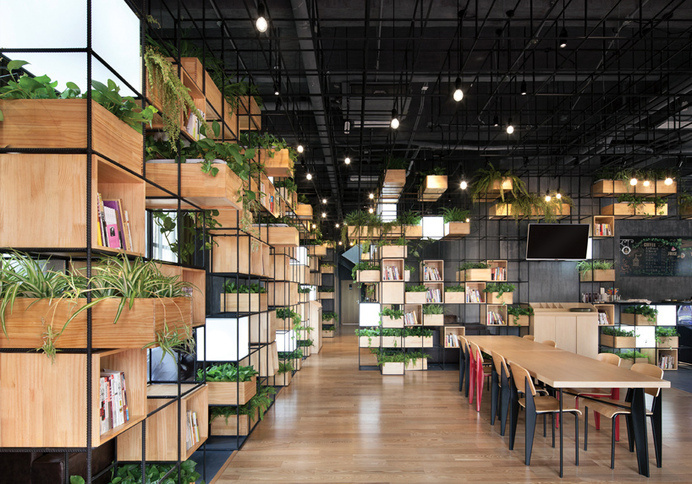 recycled steel bars form modular café interior by penda in beijing #stacks