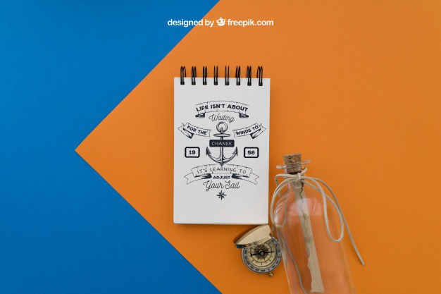 Notepad and bottle Free Psd. See more inspiration related to Mockup, Travel, Summer, Paper, Bottle, Mock up, Drawing, Rope, Compass, Adventure, Decorative, Tourism, Vacation, Trip, Holidays, Notepad, Journey, Up, Traveling, Items, Composition, Mock, Summertime and Touristic on Freepik.