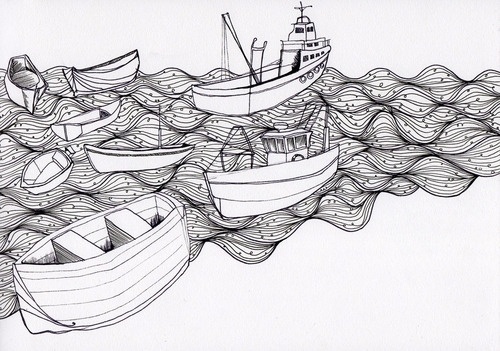 how to not get upset. - Hamburg 08 / 2010. #white #boats #grayscale #black #illustration #sea #fishermen #hamburg