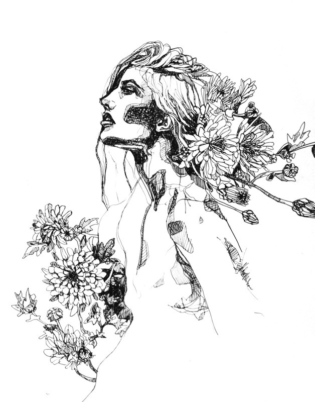 Afflorescence - Kate Melrose #ink #white #girl #black #nature #pen #and #drawing #flowers