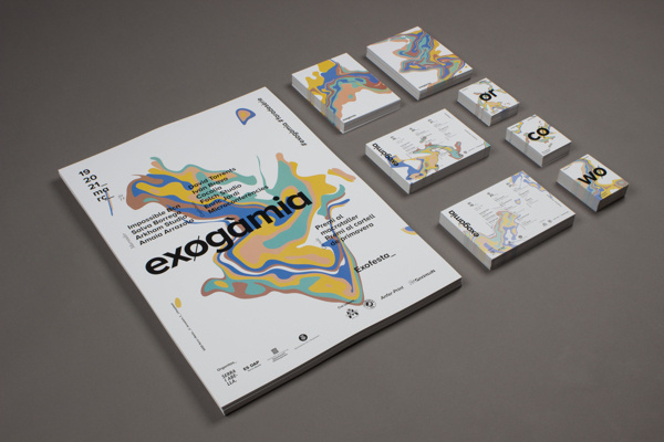 Exogamia, design festival branding by Oscar Medina, Ariadna Pujol, Adria Molins, Sergi Delgado, Albert Ramon, Judit Vilarasau #logotype #branding #festival #stationary #design #paint #colors #brand #poster #barcelona #postcard #exogamia