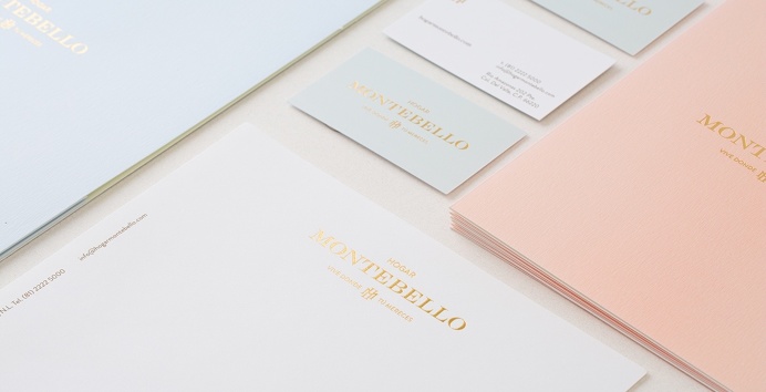 Hogar Montebello branding business card corporate design san pedro mexico mindpsarkle mag gold emboss print embossing printing pastel colors