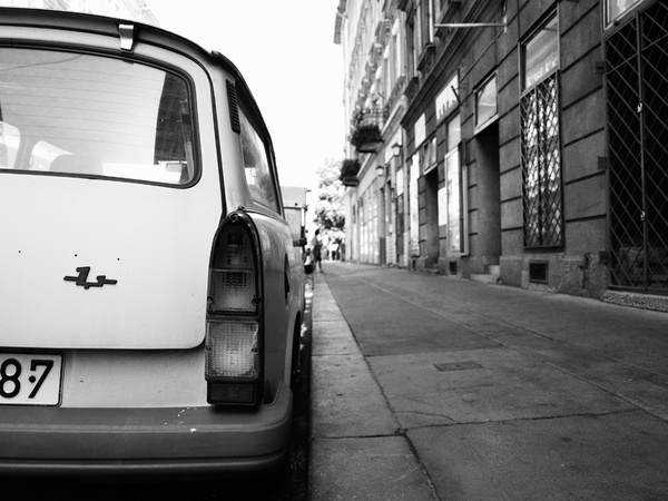 Old trabant in Budapest #white #trabant #budapest #black #and