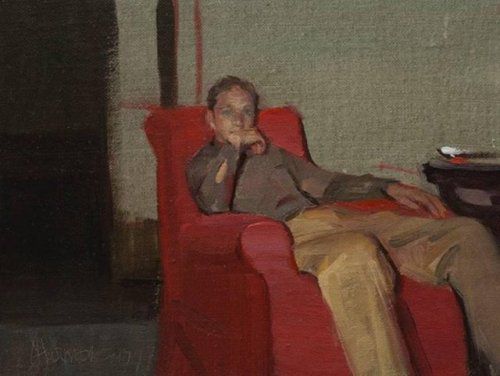 His Favorite Chair - Johanna Harmon American,b.1968- Oil on linen , 6 x 8 in.