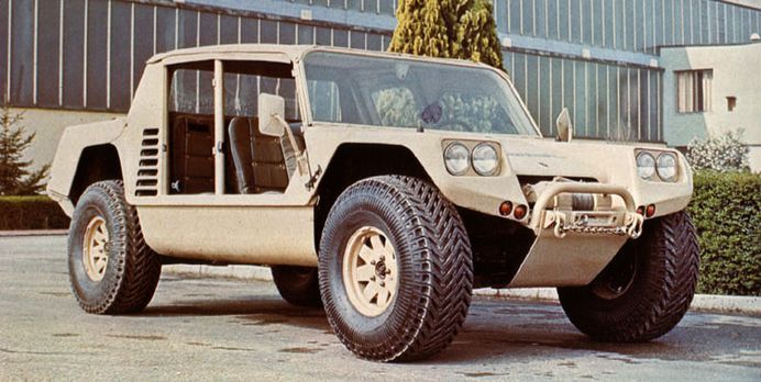 The Lamborghini Cheetah prototype on the factory grounds during the late Seventies