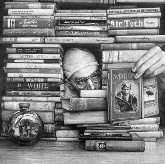 Drawings by Ethan Murrow | 123 Inspiration #aviation #books #desk #stacked #pencil #sketch