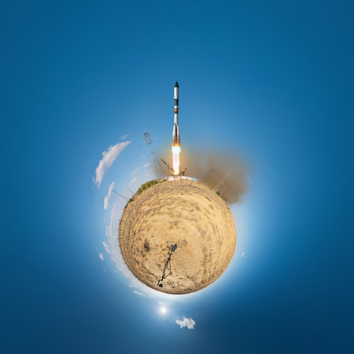 Little Planet Panoramas of Baikonur Cosmodrome #smoke #off #fish #launch #space #lift #eye #photography #rocket #distorted #science #miniature #planet