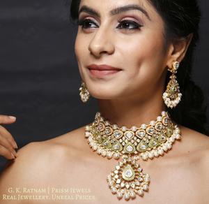 18k Gold and Diamond Polki Choker Necklace Set with elegant parrot green enamel - gold diamond polki kundan meena jadau jewellery