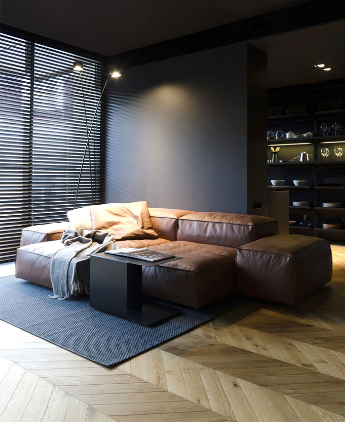 Small Masculine Apartment in Dark Color Schemes - InteriorZine
