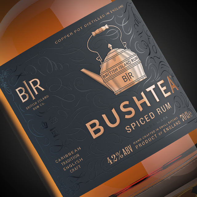 Bushtea Spiced Rum #rum #england #bottle #spirits #packaging #craft #black #gold #foil
