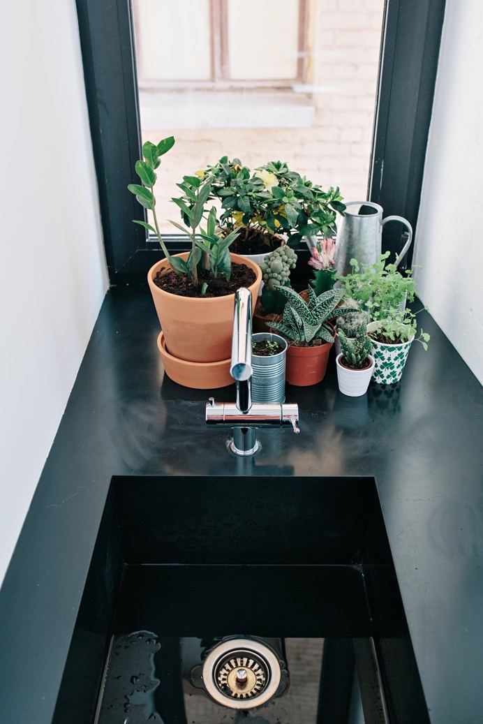 Little #plants on black #integratedsink. #BlackandWhiteApartment by #CrosbyStudios. Photo by #EvgenyEvgrafov.