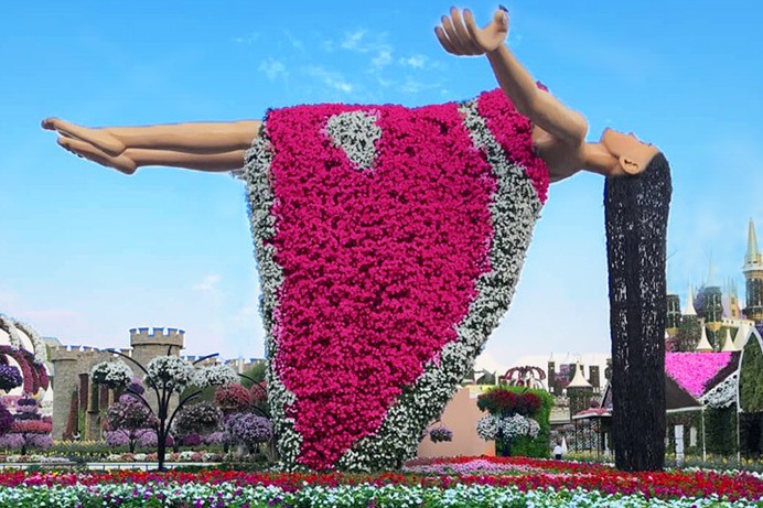 In its Season 8 (2019 - 2020), the Dubai Miracle Garden introduced an aerial floating lady. This lady appeared to float in the air and her dress was fully integrated with petunia flowers. Her long hair were also touching the flower bed below as well. The floral theme was almost 20 feet high.
