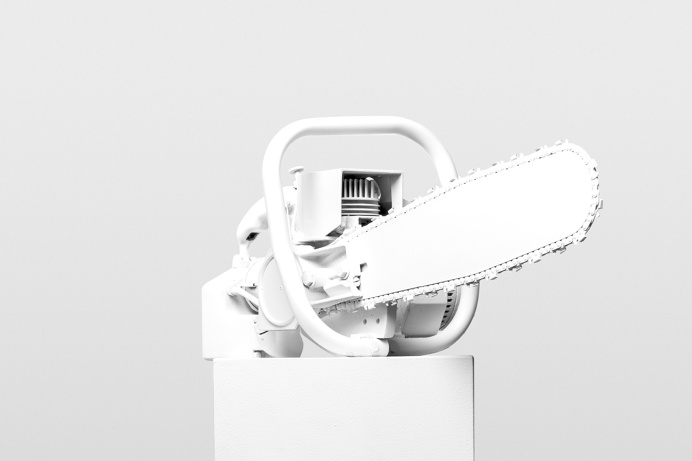 White chainsaw from Upton belts MMXV shoot by wedge and lever. #Chainsaw #saw #object #plynth #plinth #sculpture #bow #arrow #whiteonwhite #