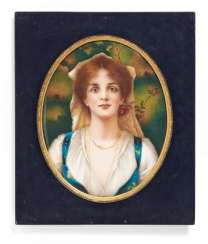 OVAL PORCELAIN PAINTING PORTRAIT OF A YOUNG WOMAN. KPM. Berlin. sign. ‘After C. Kiesel, and L. Schinzel’. #Sets #Teasets #Porcelainsets #Antiqueplates #Plates #Wallplates #Figures #Porcelainfigurines #porcelain