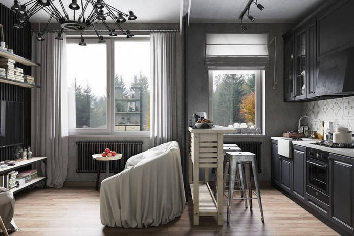Interior design, living room, kitchen