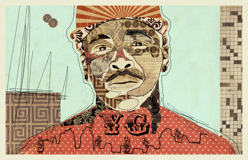 "YG" www.KyleMosher.com #kylemosher #newspaper #hiphop #illustration #portrait #vintage #art #rap