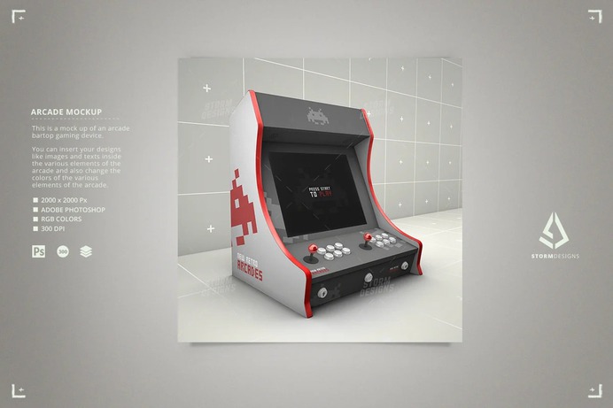Retro Gaming Bartop Arcade Cabinet Mockup Template

