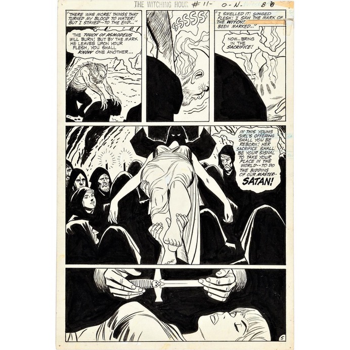 Alex Toth Foreshortening and Satan Worship, from The Mark of the Witch, Witching Hour 11, Nov 1970  inks by Bill Draut 