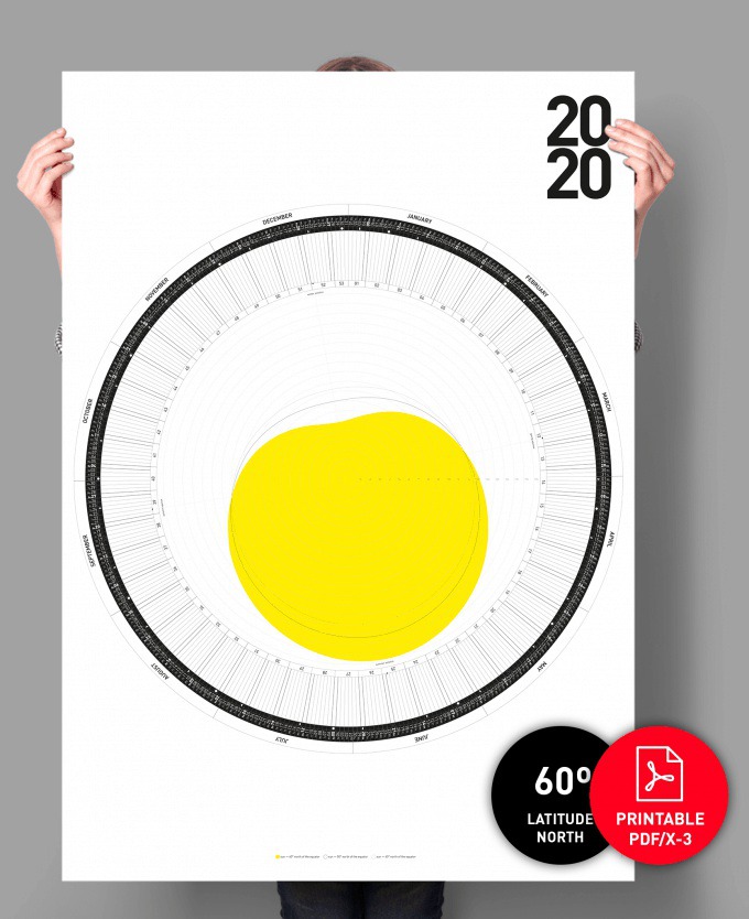 Circular-Calendar-2020-60-degree-north // Wall Calendar Latiude 60 degrees south, calendar 2020, circular calendar, minimal calendar