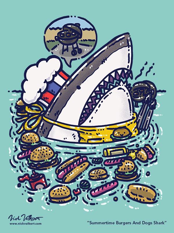 Enjoy your Summer, this shark is! Burger and dogs, a sharks favorite! Living in the ocean isn't stopping them from making some juicy burgers and dogs!