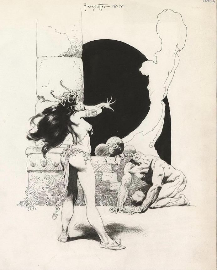 Frank Frazetta Interior illustration for the Edgar Rice Burroughs novel 𝑻𝒉𝒖𝒗𝒊𝒂, 𝑴𝒂𝒊𝒅 𝒐𝒇 𝑴𝒂𝒓𝒔 & 𝑻𝒉𝒆 𝑪𝒉𝒆𝒔𝒔𝒎𝒆𝒏 𝒐𝒇 𝑴𝒂𝒓𝒔 © 1975