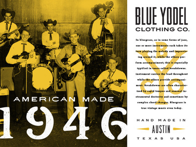 Blue Yodel Clothing Layout #extended #drawn #distressed #vintage #wide #condensed #hand #typography