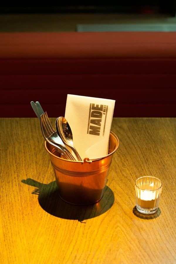 We just rebranded Roundhouse's 'MADE Bar & Kitchen' www.them.co.uk #white #red #made #black #restaurant #brand #napkin #logo #resturant