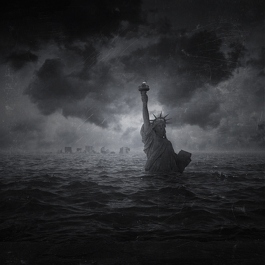 "Facing A New World" by Pierre-Alain D. #ocean #liberty #clouds #immerged #fiction #statue #apocalypse #scifi #sea #dark #future #science