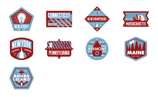 Northeast Badges #pennsylvania #states #chris #america #rushing #vermont #island #maine #massachusetts #badges #rhode #york #usa #hampshire #jersey #connecticut #new