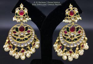 18k Gold and Diamond Polki Chand Bali Earring Pair with Ruby & Emerald grade color stones - gold diamond polki kundan meena jadau jewellery