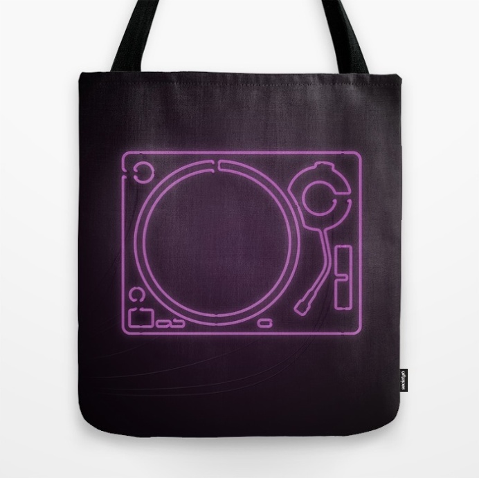Neon Turntable Tote Bag at Søciety6 #turntable #technics1200 #neonsign #3dart #cinema4d #3drender #rickardarvius