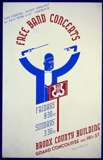 WPA Federal Music Project of New York City presents free band concerts [at the] Bronx County Building #flat #illustration #geometric #poster
