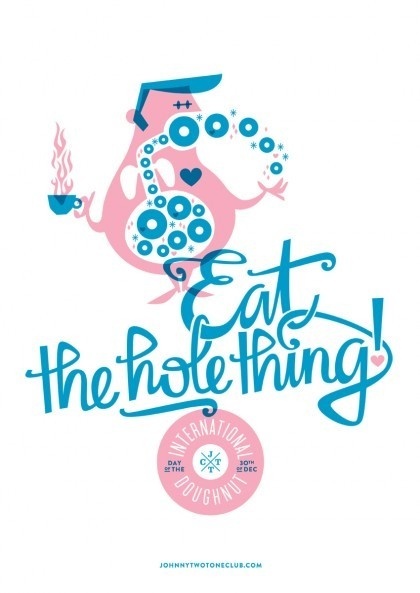 International Doughnut Day - Leah Dent of Studio Bomba. Eat the hole thing! #screenprinting #johnnytwotoneclub #pink #doughnut #jttc #retrocheese #donut #blue #pastel