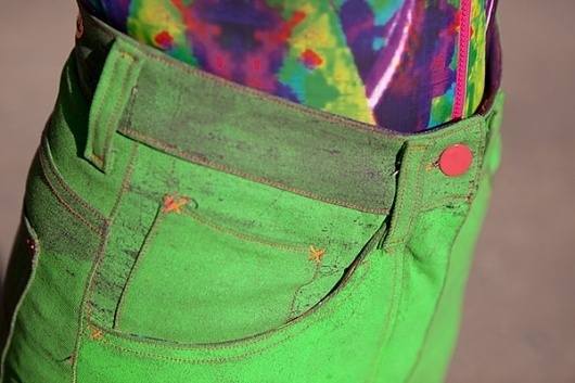 Details - Bethan Heslop — Graduate Collection #model #pink #neon #print #jeans #varsity #sportswear #hat #fashion #green