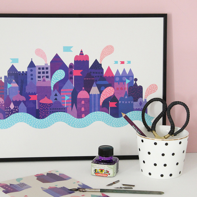 #nordic #design #graphic #illustration #danish #simple #nordicliving #living #interior #kids #room #poster #city #purple #houses #town