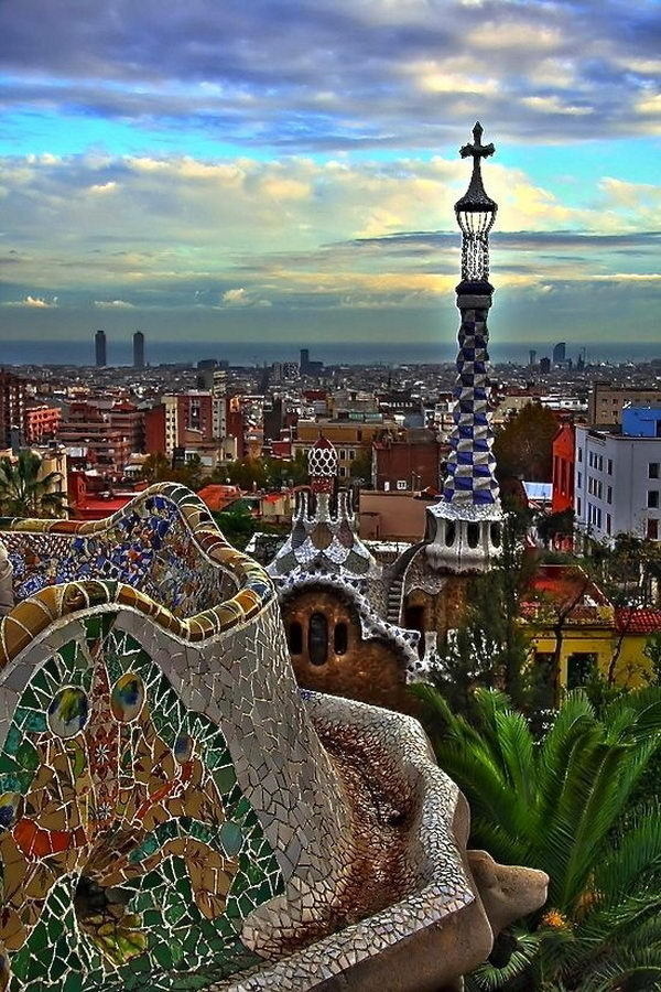 Park Guell (Barcelona, Spain), A unique landscape with the unique mosaic designs, integrated into the countryside staircases, magnificent ca #building #house #interesting