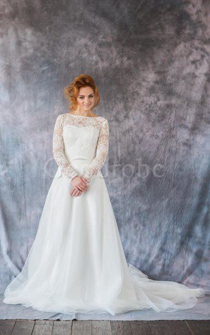 Robe de mariée sage fermeutre eclair ligne a jusqu'au sol avec décoration dentelle