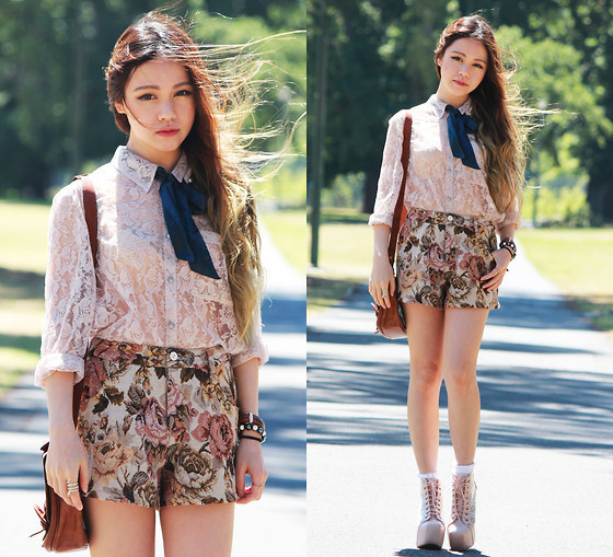 Romwe Blouse, Romwe Floral Shorts, Jeffrey Campbell Lita Boots #fashion #photography #woman