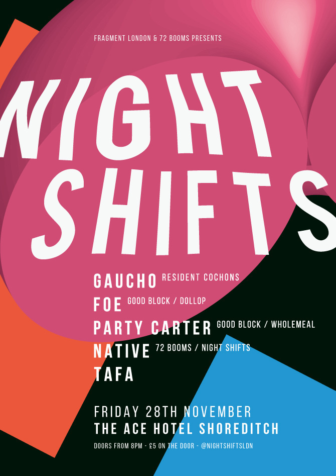 Night Shifts #pills #a3 #red #white #shifts #london #dots #james #night #ace #poster #blocks #music #hotel #kirkup #club