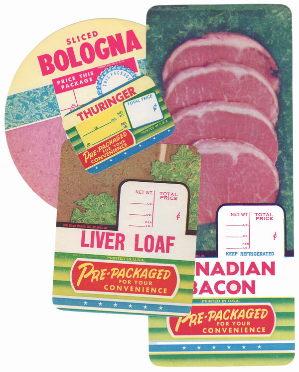 4pcs RETRO DELI LABELS Liver Loaf Thuringer Bacon Bologna Authentic Set A #packaging