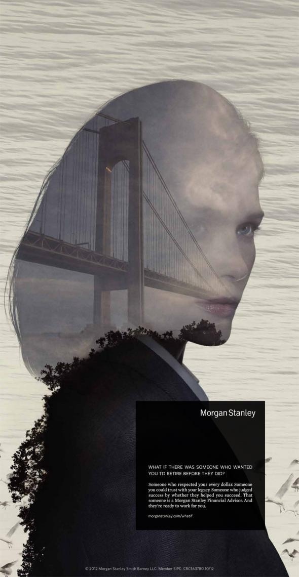 Morgan Stanley: Lady with bridge #woman #exposure #advertising #double #ad #bridge