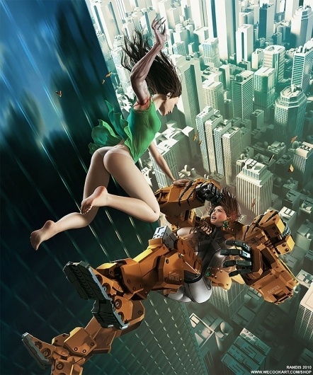 704_large.jpg (704×844) #girl #robot #city #yellow #painting #fight #green