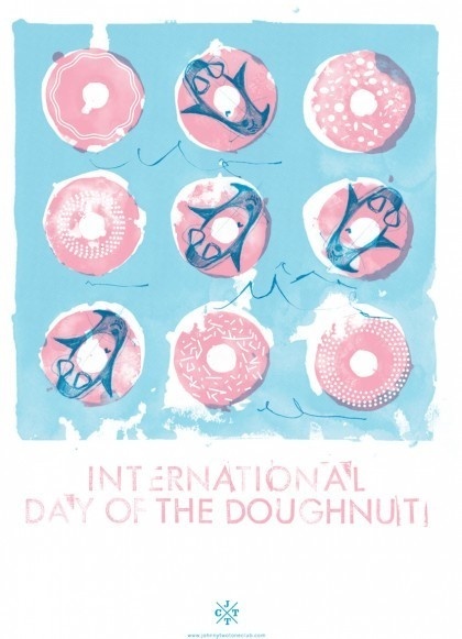 International Doughnut Day - Natasha Muhl of Nathasha Muhl Illustration. #floaties #penguins #screenprinting #johnnytwotoneclub #pink #doughnut #jttc #donut #blue #pastel