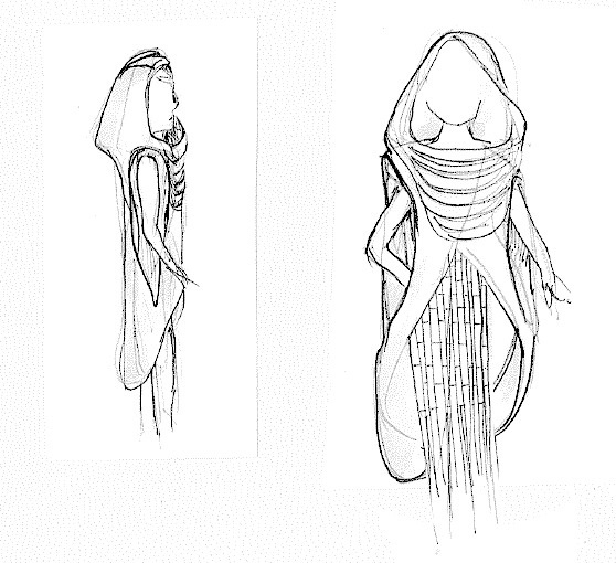 concept sketch of the garment design inspired by Zaha Hadid's Heydar Aliyev Cultural Center in Baku, Azerbaijan #hadid #cape #zaha #msr #fashion #hood #garment #sketch