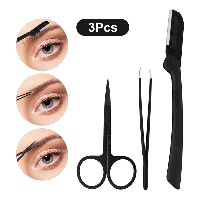 LEKADOL 3Pcs Eyebrow Shaping Tool Set, Eyebrow Grooming Kit for Beginners Women Men, Eyebrow Set with Tweezers Scissors Eyebrow Razor, Stainless Steel, Black